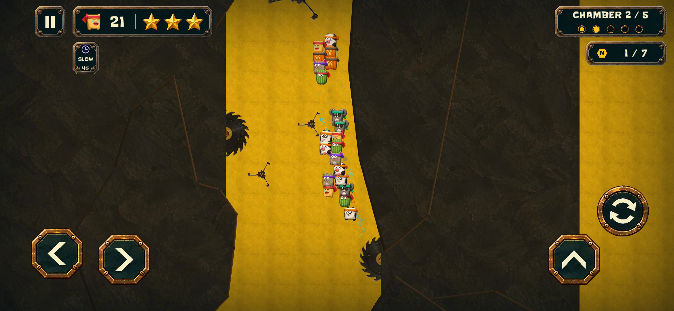 Ninjas regrouping as they fall between saws in a golden chamber