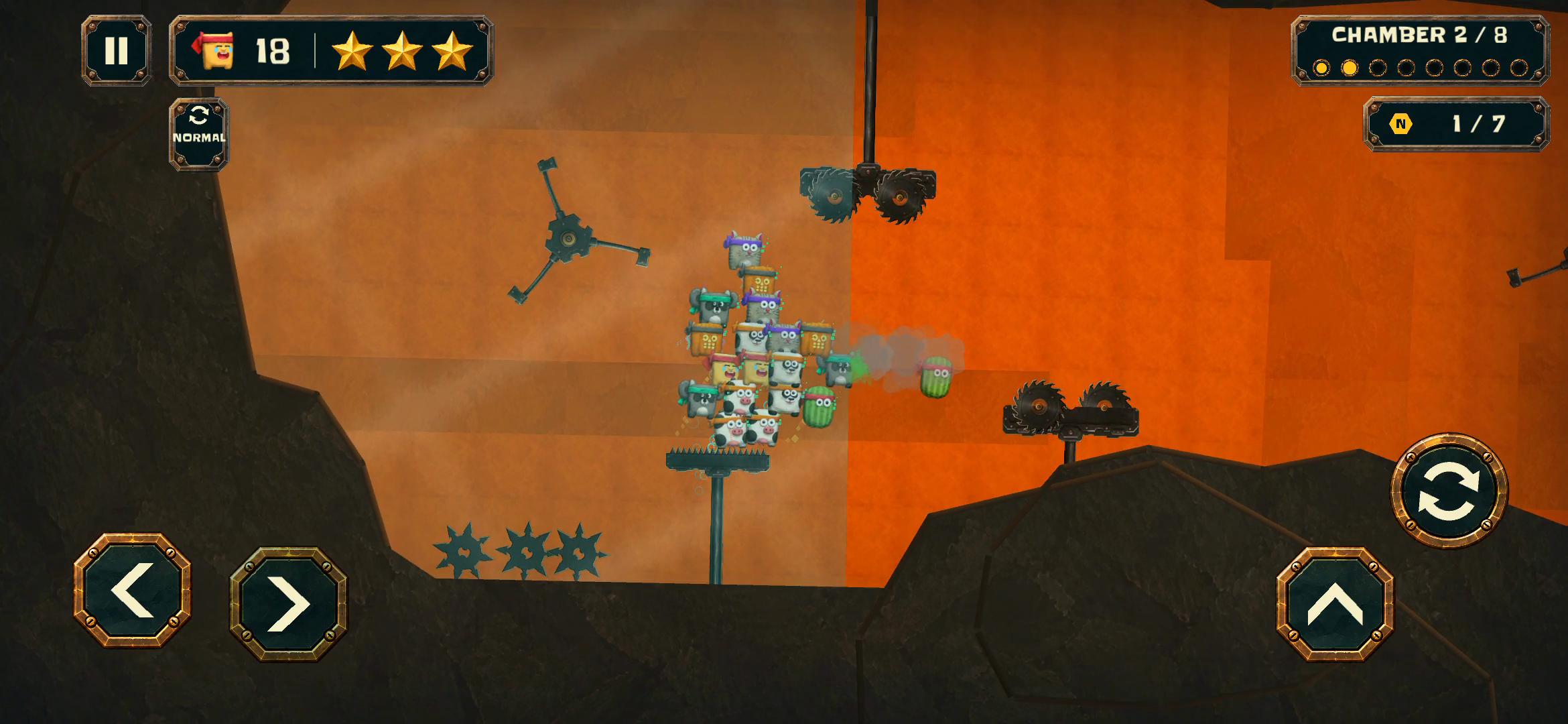 A squad escaping moving saws and crushers in an orange mechanical chamber