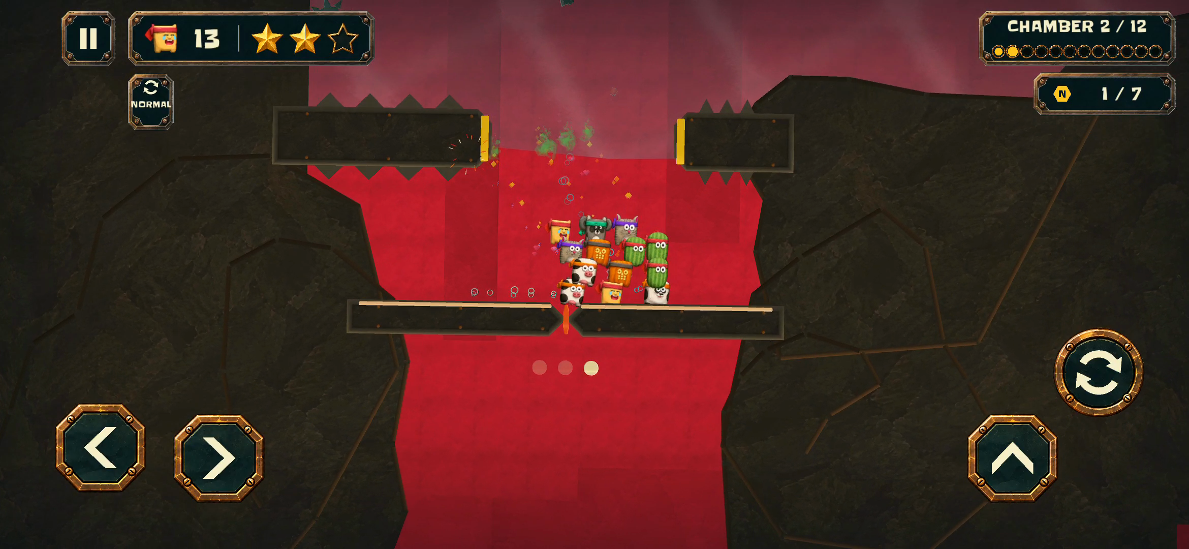 A squad timing its escape through a moving opening in a red chamber
